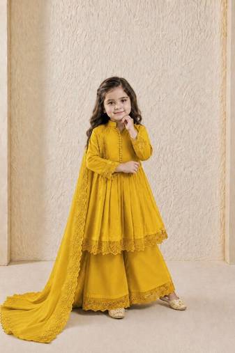 Heavy roman silk embroidery  work and yellow readymade salwar suit