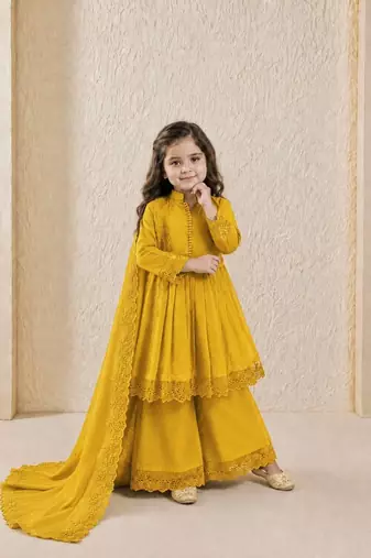 Heavy roman silk embroidery  work and yellow readymade salwar suit
