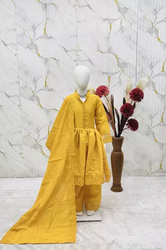 Heavy roman silk embroidery  work and yellow readymade salwar suit