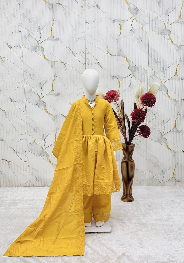 Heavy roman silk embroidery  work and yellow readymade salwar suit