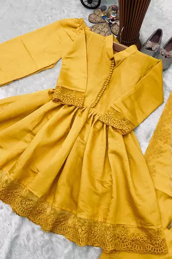 Heavy roman silk embroidery  work and yellow readymade salwar suit