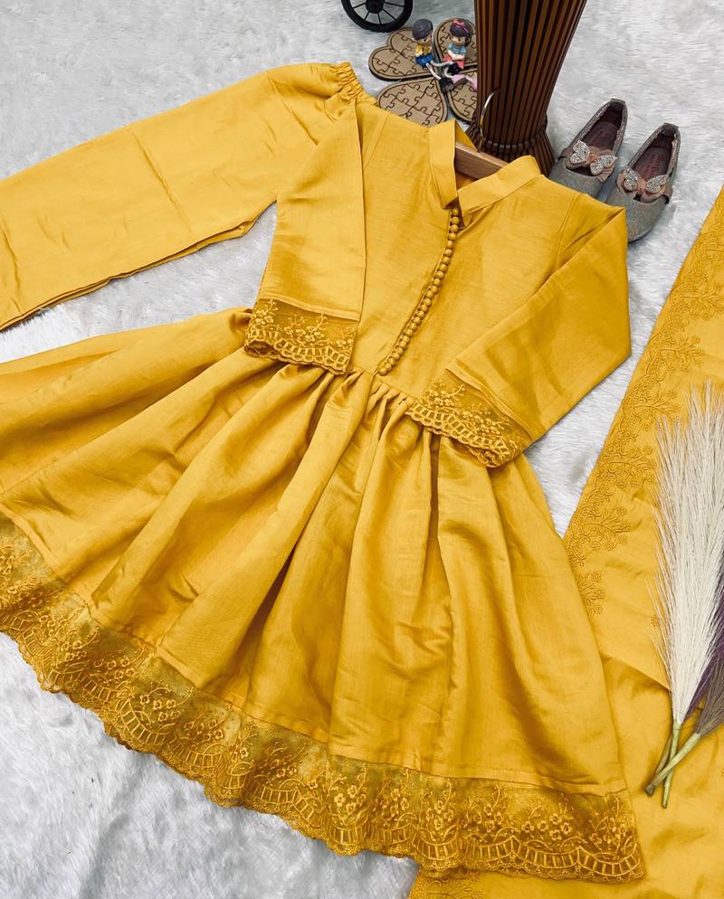 Heavy roman silk embroidery  work and yellow readymade salwar suit