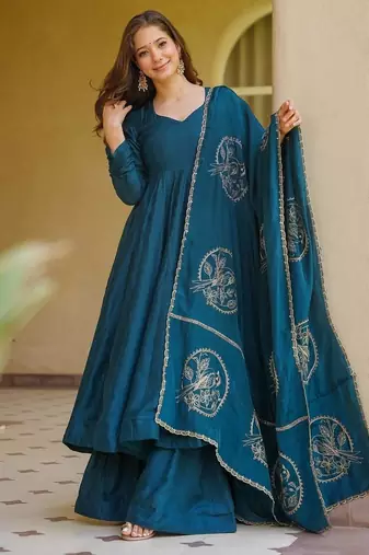 Teal blue vichitra silk blend anarkali palazzo set with embroidered dupatta