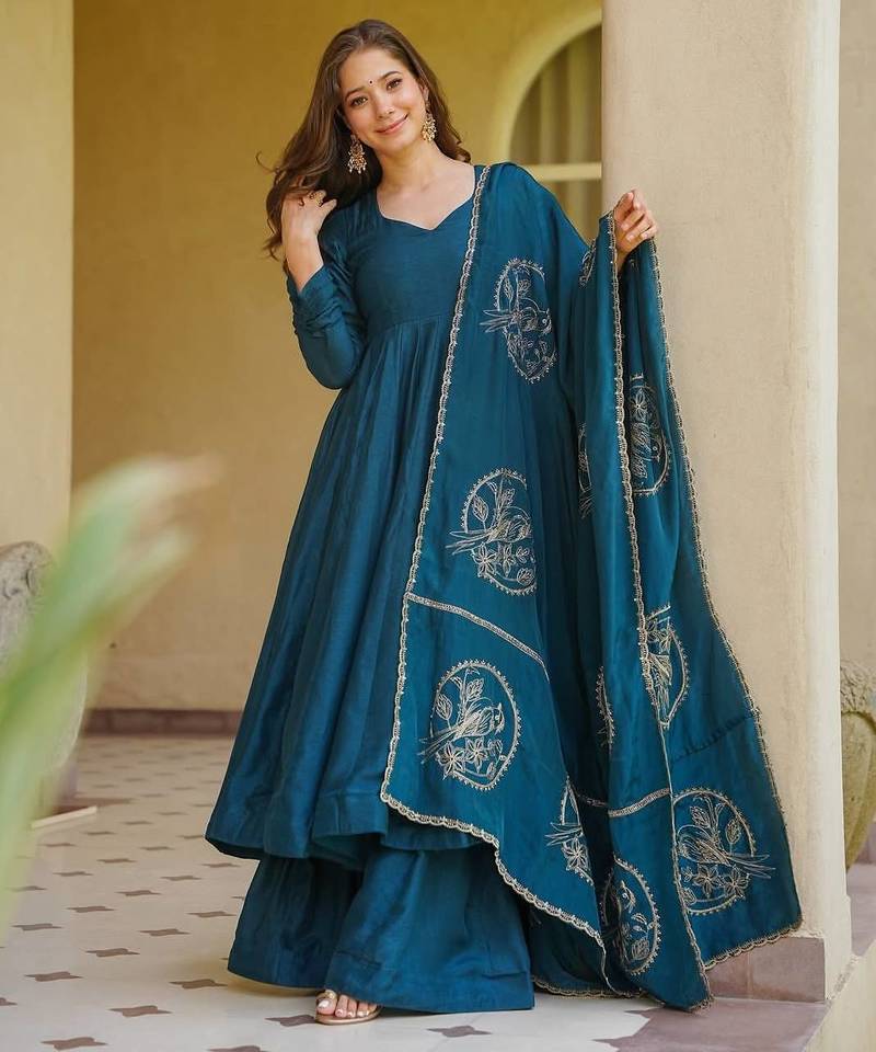 Teal blue vichitra silk blend anarkali palazzo set with embroidered dupatta