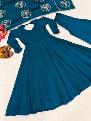 Teal blue vichitra silk blend anarkali palazzo set with embroidered dupatta 2