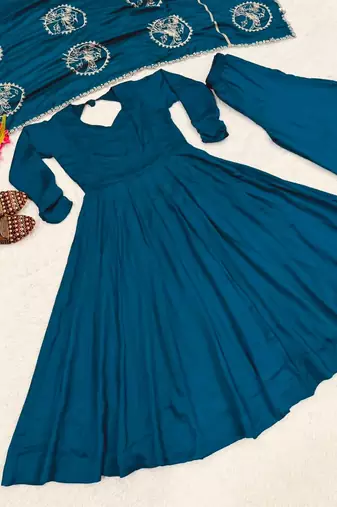 Teal blue vichitra silk blend anarkali palazzo set with embroidered dupatta