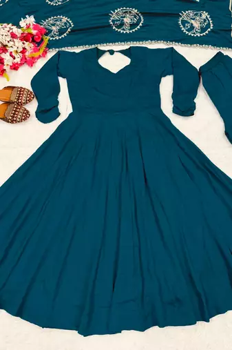 Teal blue vichitra silk blend anarkali palazzo set with embroidered dupatta