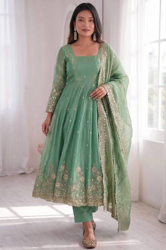 Sea green fendy silk embroidered gown set with dupatta