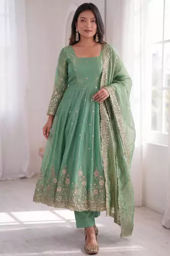 Sea green fendy silk embroidered gown set with dupatta