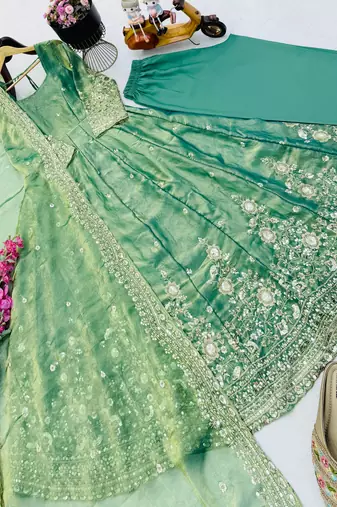 Sea green fendy silk embroidered gown set with dupatta