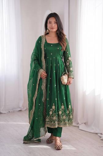 Green fendy silk embroidered gown set with dupatta