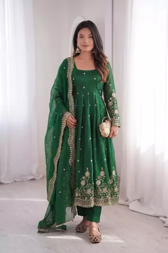 Green fendy silk embroidered gown set with dupatta