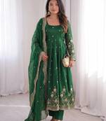 Green fendy silk embroidered gown set with dupatta