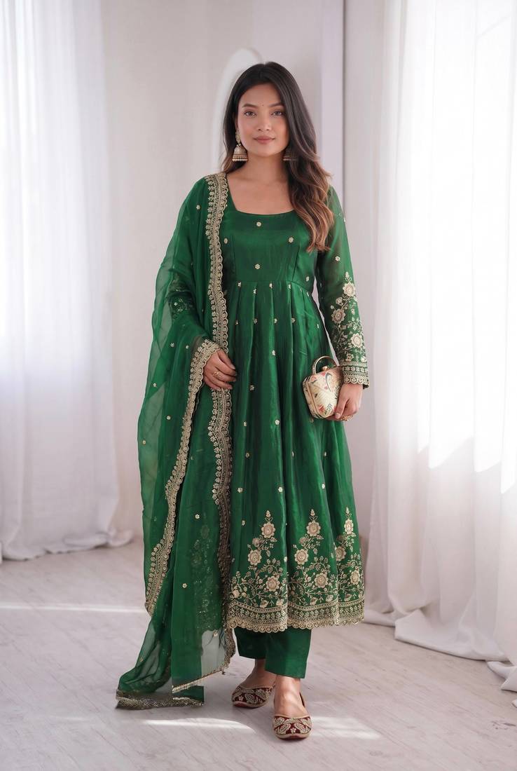 Green fendy silk embroidered gown set with dupatta
