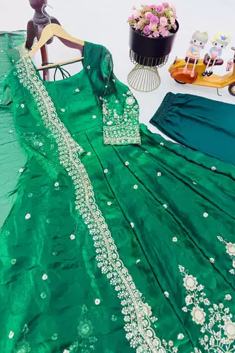 Green fendy silk embroidered gown set with dupatta