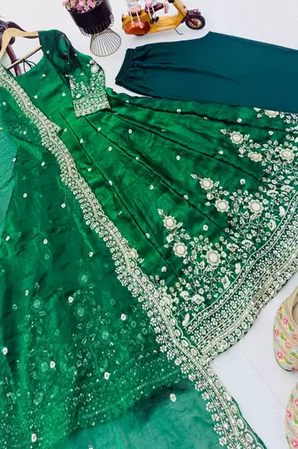 Green fendy silk embroidered gown set with dupatta