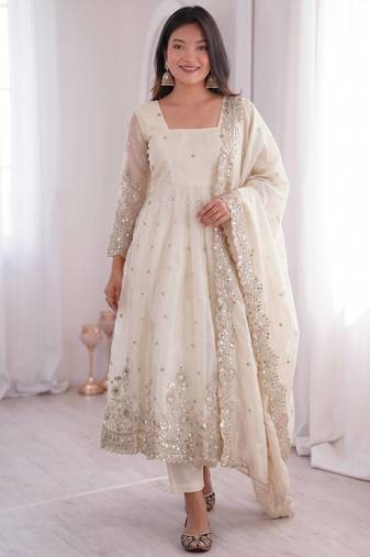 White fendy silk embroidered gown set with dupatta