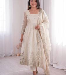 White fendy silk embroidered gown set with dupatta