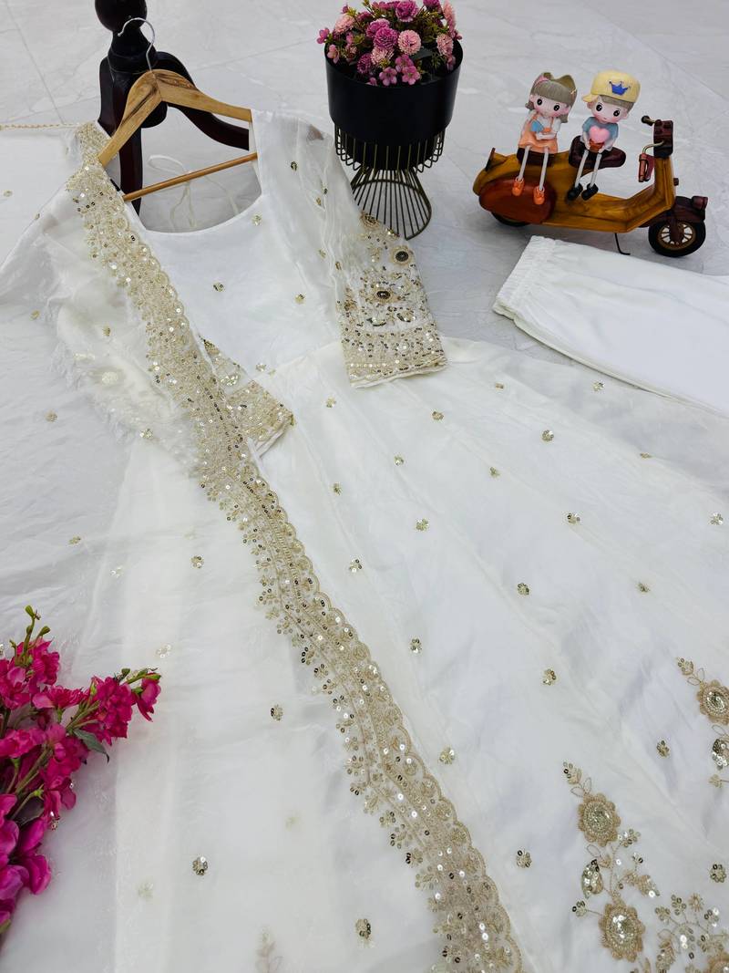 White fendy silk embroidered gown set with dupatta