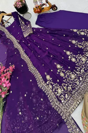 Purple fendy silk embroidered gown set with dupatta
