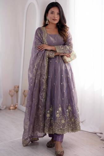 Lavender fendy silk embroidered gown set with dupatta