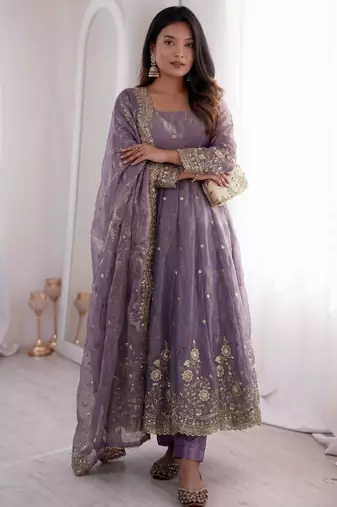 Lavender fendy silk embroidered gown set with dupatta