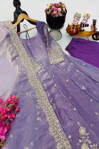 Lavender fendy silk embroidered gown set with dupatta