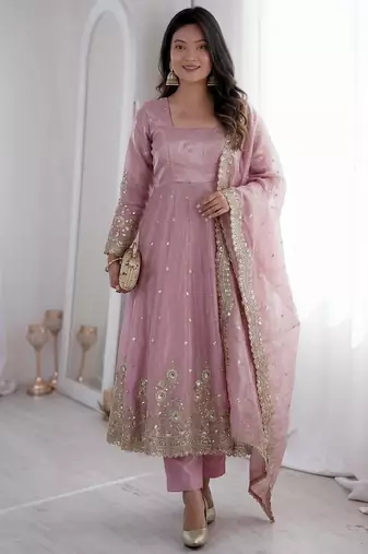 Baby pink fendy silk embroidered gown set with dupatta