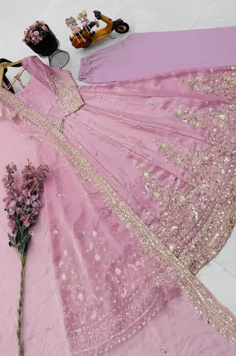 Baby pink fendy silk embroidered gown set with dupatta
