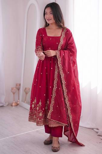 Rani pink fendy silk embroidered gown set with dupatta