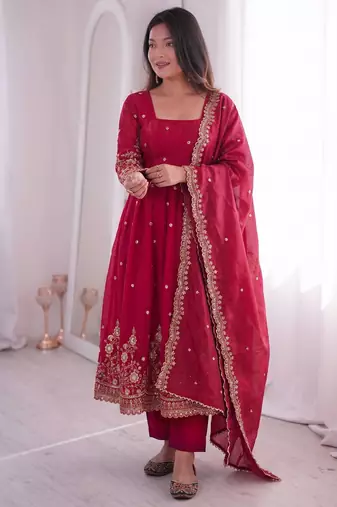 Rani pink fendy silk embroidered gown set with dupatta