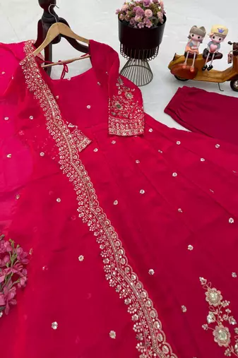 Rani pink fendy silk embroidered gown set with dupatta