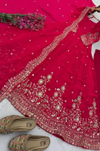 Rani pink fendy silk embroidered gown set with dupatta