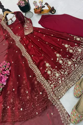 Wine fendy silk embroidered gown set with dupatta
