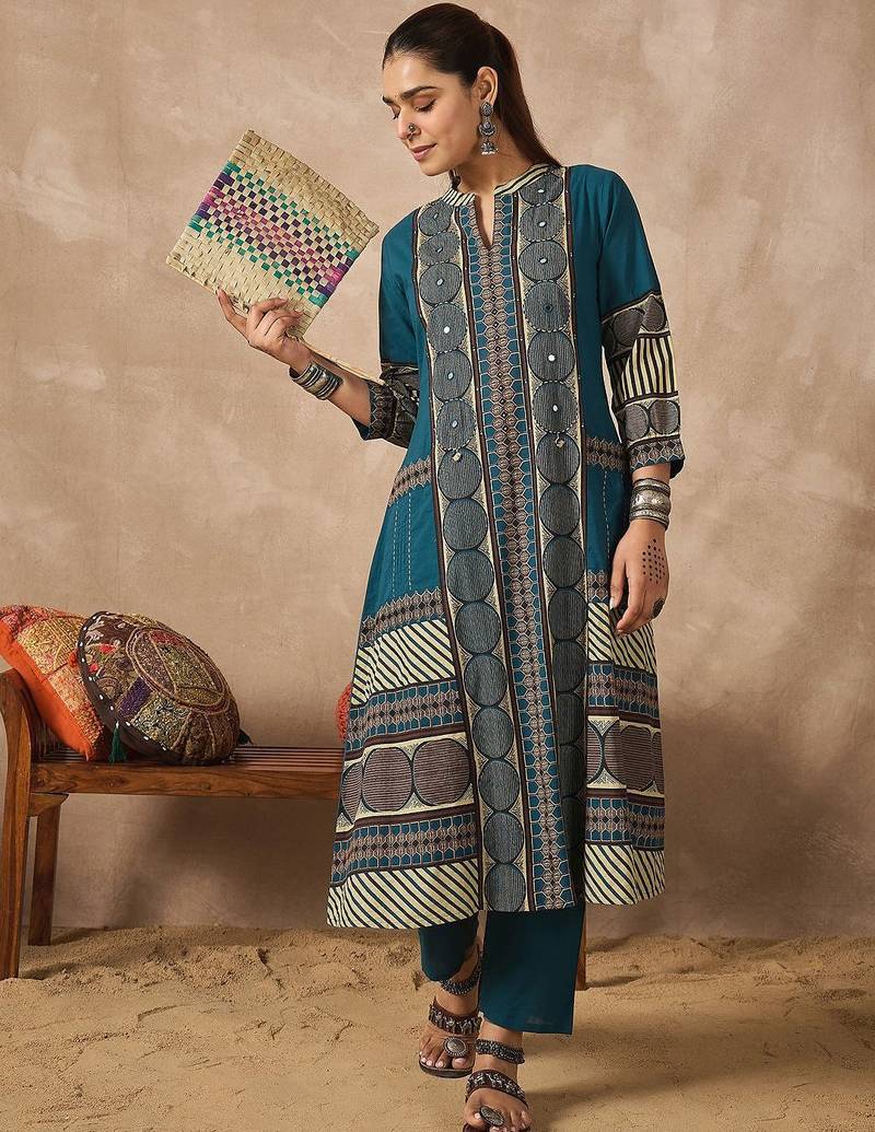 Women Ethnic Motifs Printed Mirror Work Cotton Kurta with Trousers