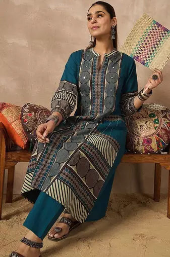 Women Ethnic Motifs Printed Mirror Work Cotton Kurta with Trousers