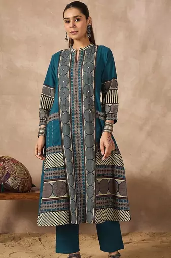 Women Ethnic Motifs Printed Mirror Work Cotton Kurta with Trousers