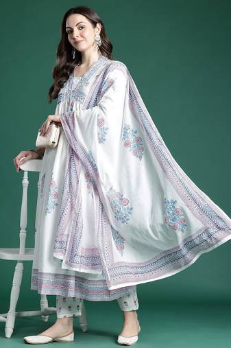 Floral Printed Cotton Kurta with Trousers & Dupatta