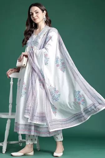 Floral Printed Cotton Kurta with Trousers & Dupatta