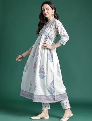 Floral Printed Cotton Kurta with Trousers & Dupatta 5