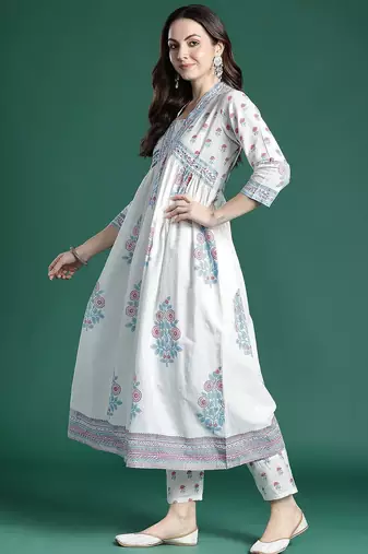 Floral Printed Cotton Kurta with Trousers & Dupatta
