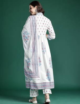 Floral Printed Cotton Kurta with Trousers & Dupatta 6
