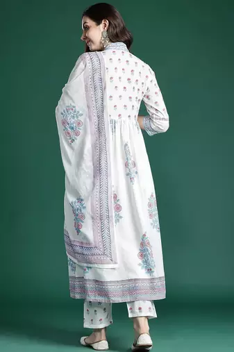 Floral Printed Cotton Kurta with Trousers & Dupatta