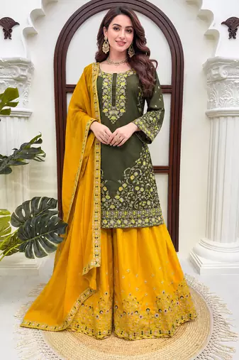 Green crepe thread & sequence work palazzo set with georgette dupatta