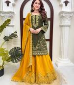 Green crepe thread & sequence work palazzo set with georgette dupatta