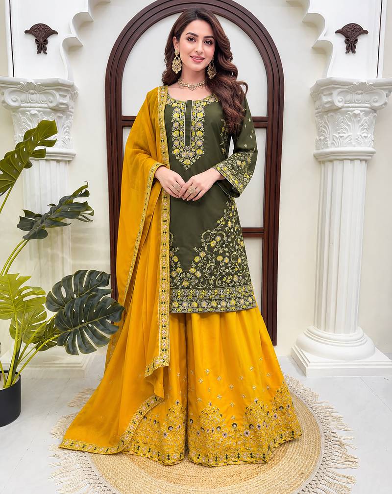 Green crepe thread & sequence work palazzo set with georgette dupatta