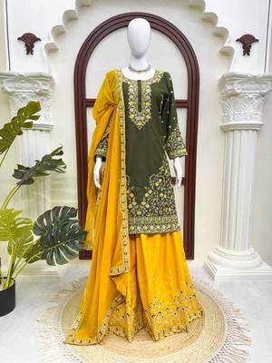 Green crepe thread & sequence work palazzo set with georgette dupatta 2