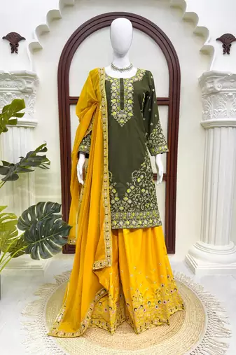 Green crepe thread & sequence work palazzo set with georgette dupatta