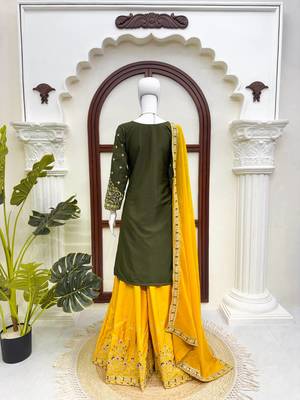 Green crepe thread & sequence work palazzo set with georgette dupatta 3