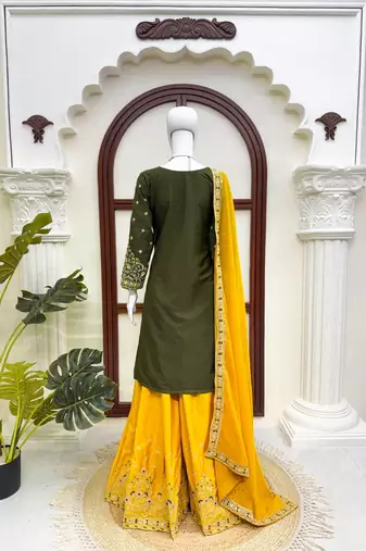 Green crepe thread & sequence work palazzo set with georgette dupatta